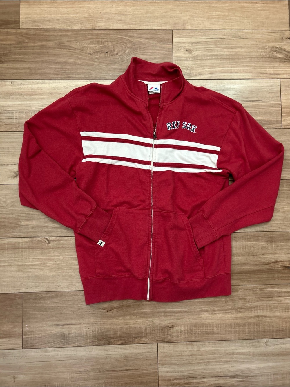 Majestic Red Zip-Up Sweater with White Stripe and 'Red Sox' Embroidery